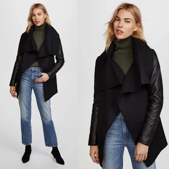 Mackage Black Vane F-5 Wool Cashmere Lamb Leather Sleeve Wrap Coat Womens S